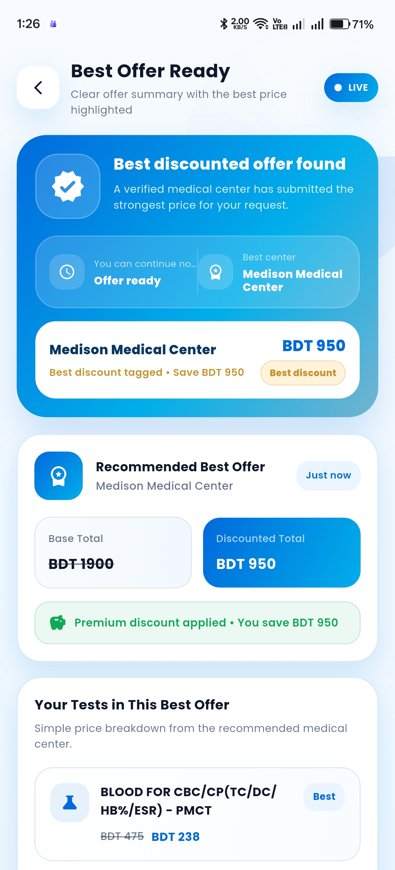 Complete Ready Health selected diagnostic offer screen